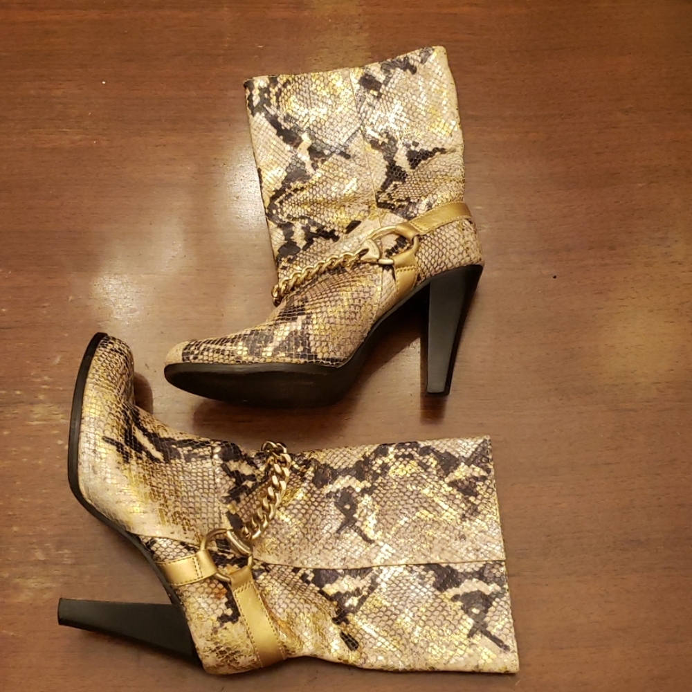 Michael Kors Gold Snakeskin-Print Heeled Ankle Boots with Chain